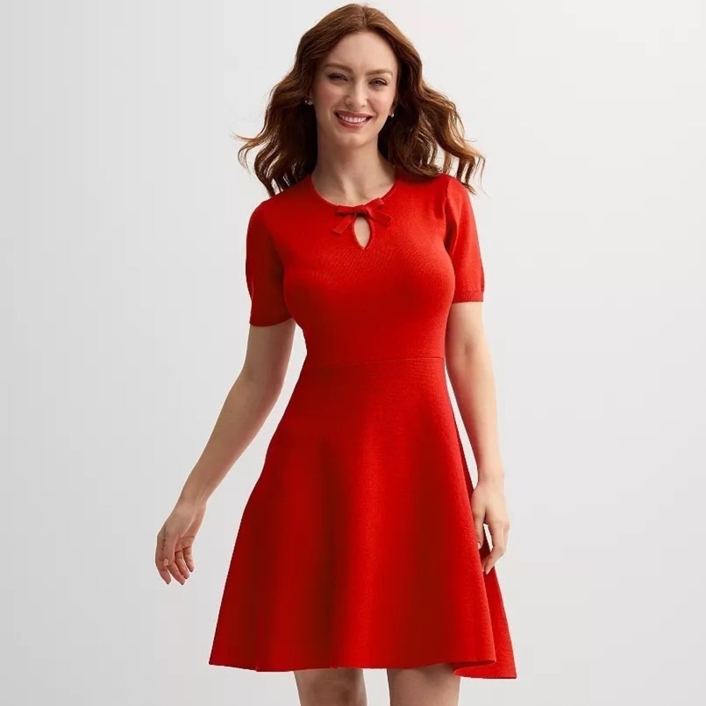 Draper James Red Knit Fit and Flare Bow Keyhole Dress Size L Date Night Easter